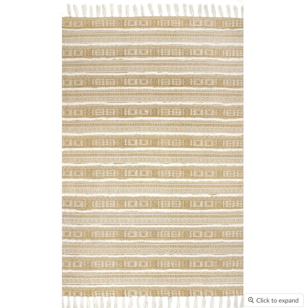 100% Cotton Greek Frieze Stripes Area Rug - 5x8 Tan & Ivory Tassels and Texture